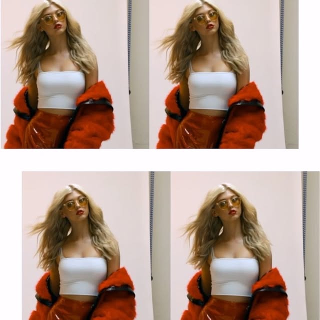 four images of a woman with blonde hair wearing a white top, red coat, and sunglasses. she is standing in a studio.