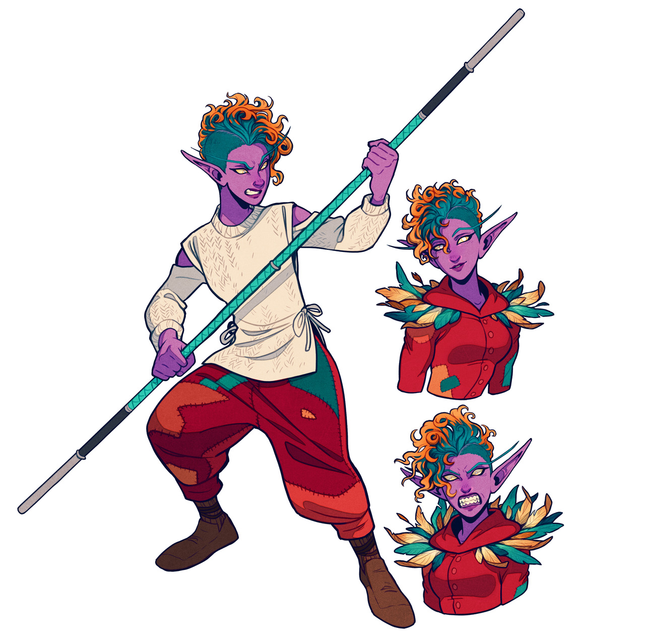 the image shows a digital illustration of a purpleskinned elf with curly orange hair. they are dressed in a combination of patchwork pants and shirt, along with a white, tuniclike top. the elf is holding a long teal staff and has two additional headshots that show off different expressions. the style is cartoonlike with bold lines and colors. the background is white.