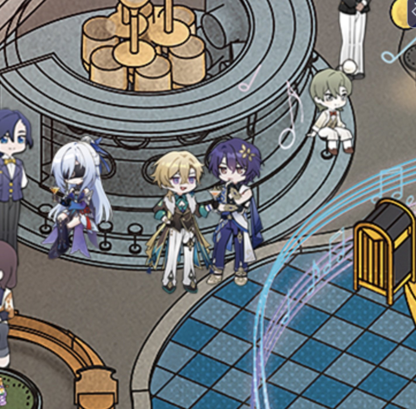 this illustration depicts a group of anime characters performing on a stage. the stage is decorated with musical notes and a music stand. the characters are all dressed in colorful and stylish outfits. the girl with blue hair is holding a glass of champagne while the others are singing and dancing. the background is decorated with a checkerboard pattern. the overall mood of the image is fun and festive.