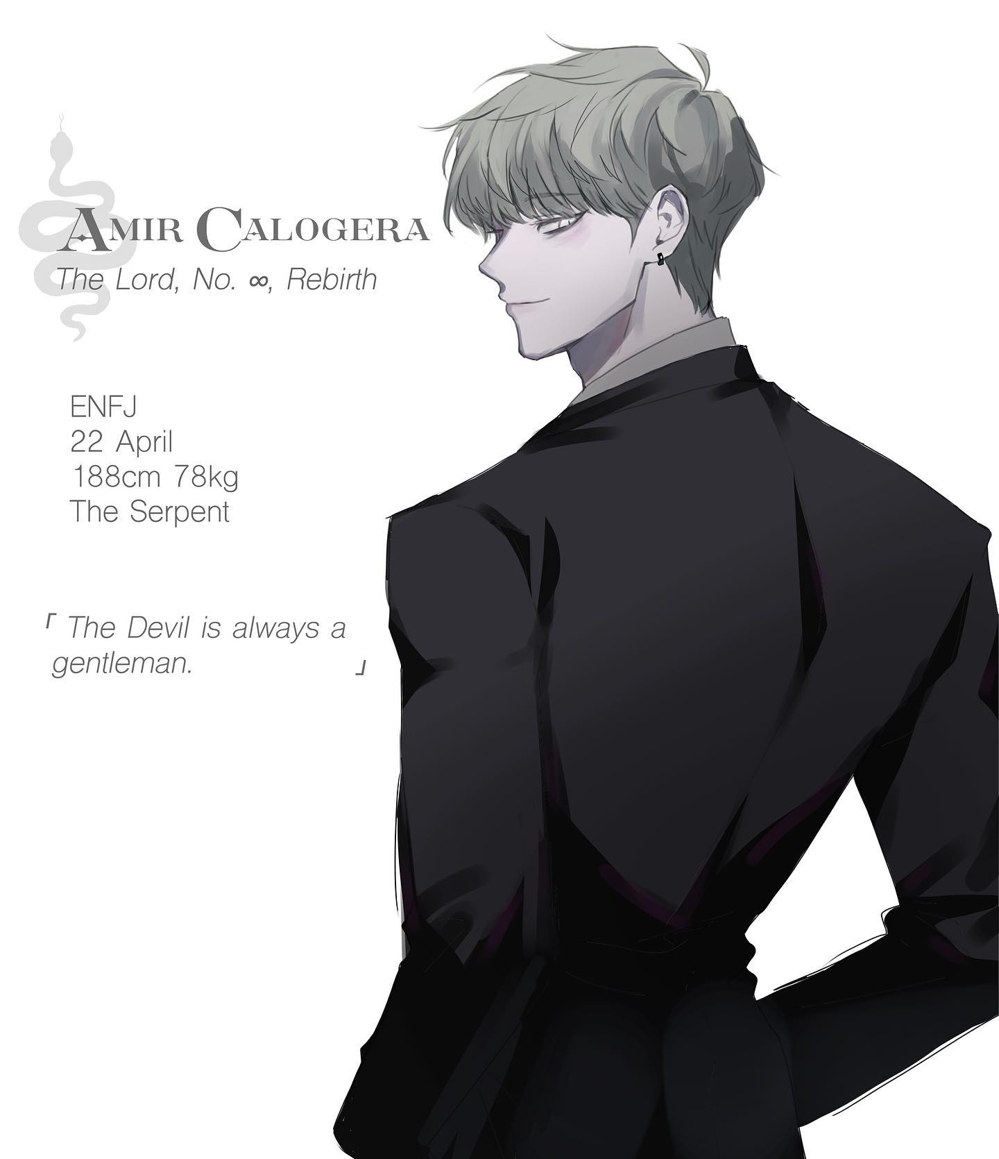 the image is a stylized portrait of a character named amir calogera.  the illustration is in a dark, somewhat animeinspired style. the character is a tall, slender man with short, light grey hair, wearing a dark suit.  he is depicted from the back and partially in profile, giving a mysterious and elegant vibe.  text surrounding the image provides details about the character, including his mbti personality type (enfj), birthdate, height, weight, nickname ("the serpent"), and a quote ("the devil is always a gentleman").  the overall impression is of a sophisticated, possibly villainous, character.