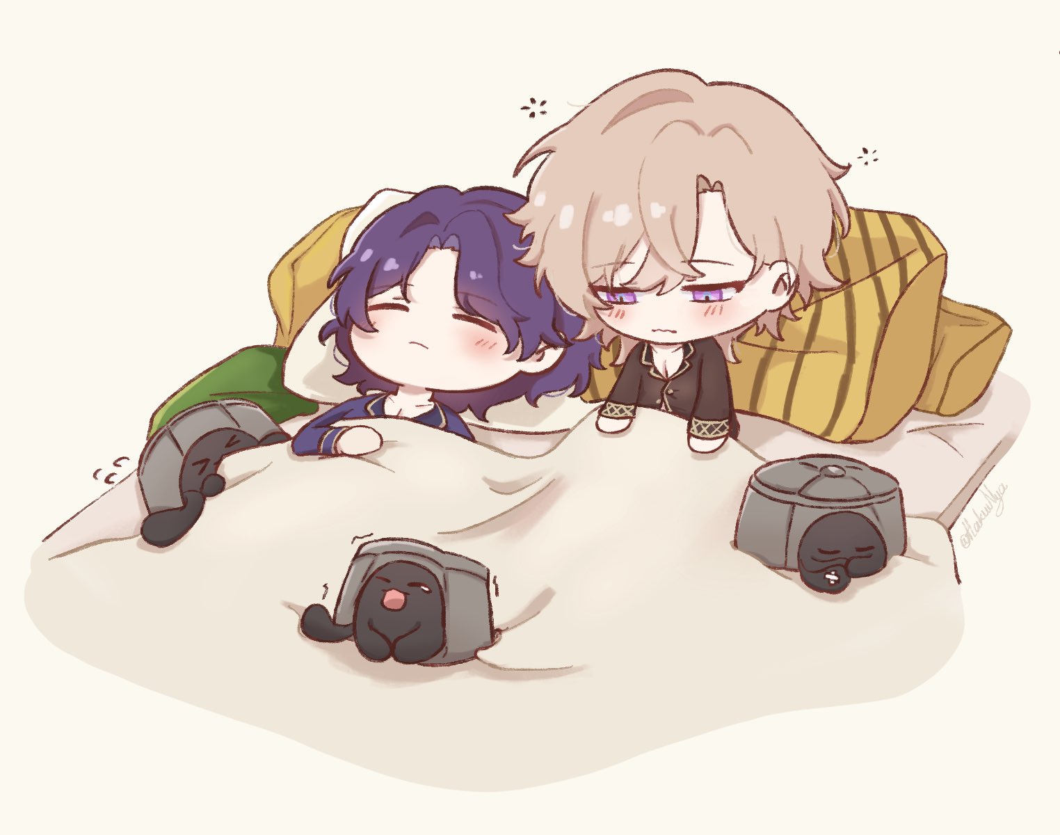 this image is a cute cartoon drawing of two boys in a bed. the boy on the left is sleeping and covered by a blanket. the boy on the right is sitting up and looking at the viewer. there are two small black cats at the foot of the bed. the drawing is done in a chibi style and features bright colors and rounded shapes.