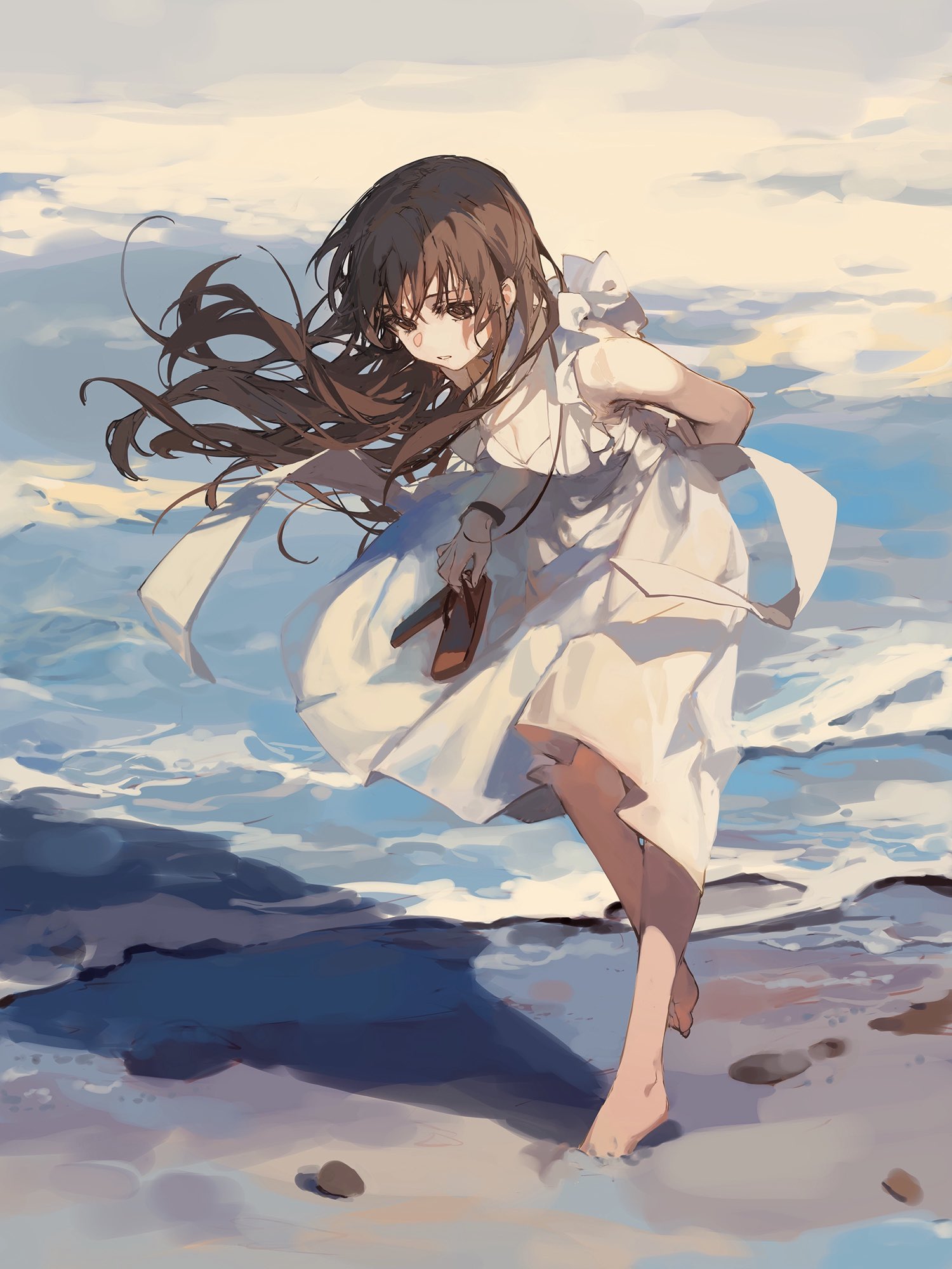 the artwork depicts an animestyle girl with long, flowing brown hair. she's wearing a simple, loosefitting white dress and is barefoot, carrying a pair of shoes in her hand.  she stands on a sandy beach, the gentle waves of the ocean lapping at her feet. the overall atmosphere is serene yet melancholic, with soft lighting suggesting a sunset or sunrise. the girl's posture and expression convey a sense of quiet contemplation or loneliness. the style is painterly and slightly impressionistic, with soft edges and blended colors. the background features a calming seascape with subtle cloud formations in the sky. the scene evokes a feeling of peaceful solitude by the sea.