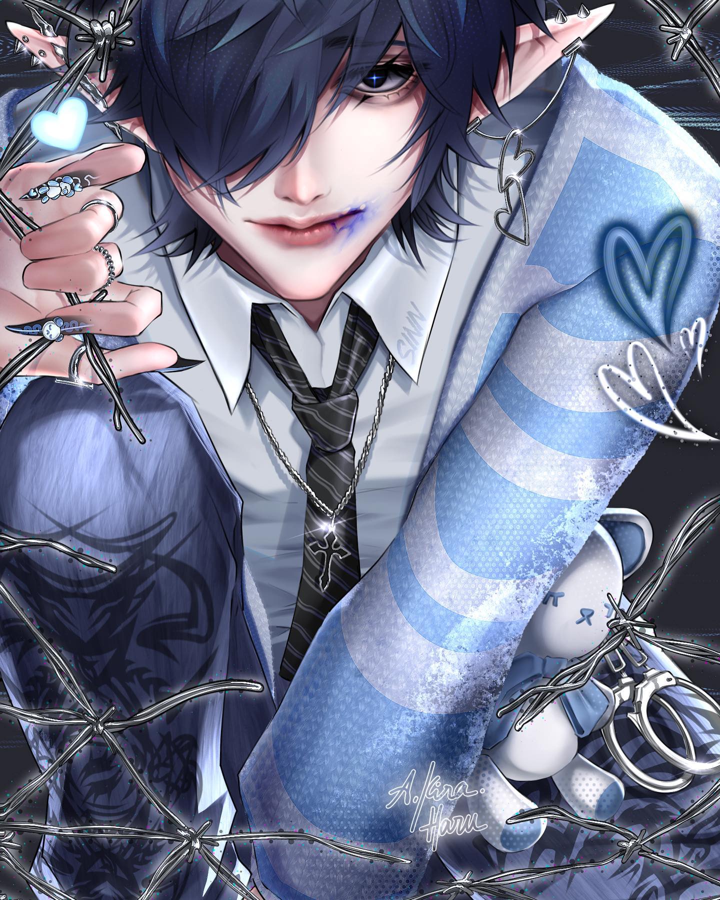 the image is a digital illustration of an animestyle boy with elf ears. he has dark blue hair, pale skin, and blue eyes.  he appears to be a teenager, wearing a blue and white striped sweater or jacket over a white collared shirt and dark tie.  he also sports a cross necklace and several rings. his lip appears cut and bleeding. he is surrounded by barbed wire, suggesting he's trapped or captive. a small, lightcolored teddy bear and a pair of handcuffs are partially visible near him. the overall aesthetic is dark, emotive, and fantastical. the artist's signature is visible in the bottom right corner.