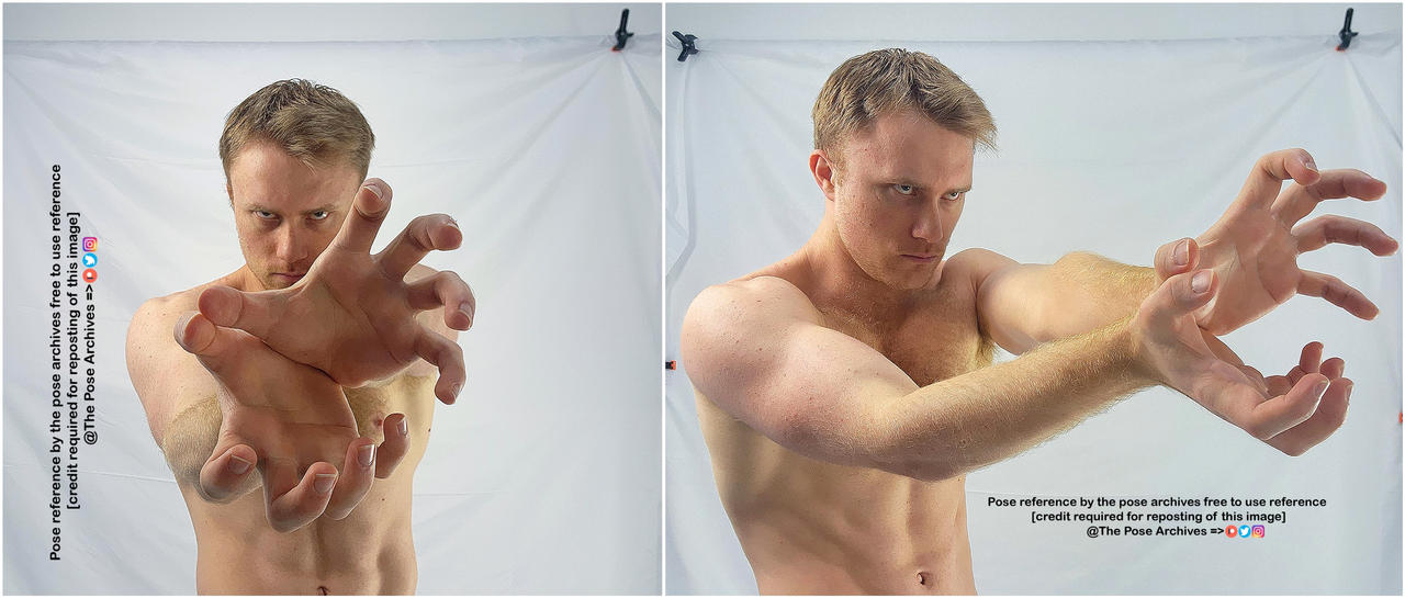 the image is a collage of two photos of the same adult man, shirtless, in a studio setting against a white backdrop. he is positioned in action poses, with his arms outstretched and hands curled in a clawlike gesture. the lighting is artificial, and the perspective is at eye level.