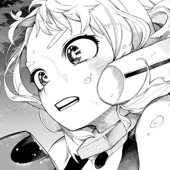 the image shows a black and white mangastyle drawing of a young woman with her face turned towards the viewer. she has large, expressive eyes that are wide with a mix of surprise and determination. her hair is drawn in a dynamic style, suggesting movement and action, and sweat beads are visible on her face. she appears to be holding a large, mechanical device of some sort, possibly a weapon or tool, and her expression suggests she is in the midst of a fight or struggle. the background is minimally detailed, with streaks of rain adding to the sense of urgency and action.