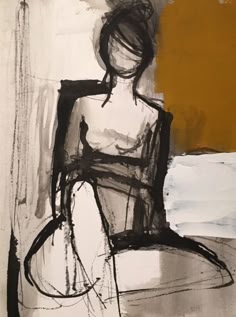 an abstract black ink drawing of a woman, with bold lines, minimal details, and a unique perspective. the background is a light gray with hints of yellow.  the drawing captures a sense of motion and freedom.