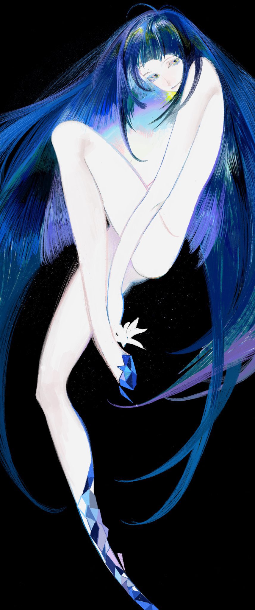 the image showcases a stylized illustration of a woman with flowing blue hair. she is depicted in a graceful pose against a black background, her body partially covered by her hair. she appears to be barefoot, holding a shoe with a geometric pattern. the lighting is soft, giving the image an ethereal and delicate feel.