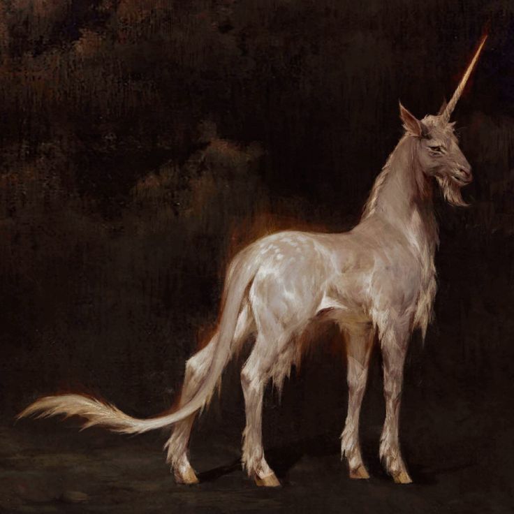 a painting of a white unicorn standing in front of a dark background. the unicorn has a long, spiraled horn and a flowing mane and tail. the painting is done in a realistic style, with careful attention to detail. the unicorn appears to be glowing slightly.