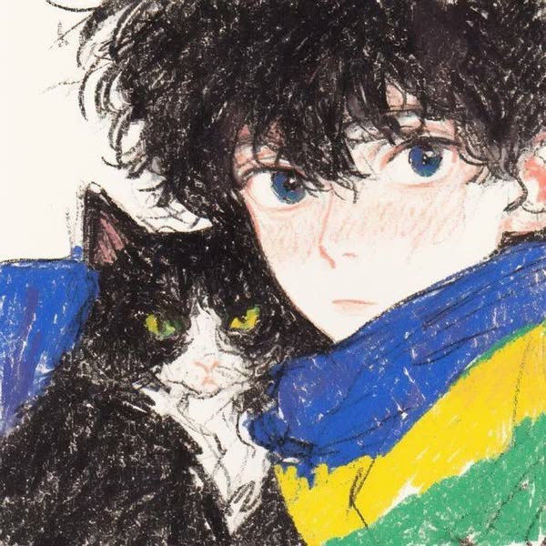 the image is a stylized portrait of an animestyle boy with a black cat.  the art style is reminiscent of pastel drawings or digital art mimicking that look.  the boy has dark, curly hair, large blue eyes, and is wearing a colorful scarf with blue, yellow, and green hues. the black cat, with a white patch on its chest, is nestled close to him. the overall mood is peaceful and gentle. the lines are loose and expressive, giving a soft, slightly sketchy feel to the artwork.