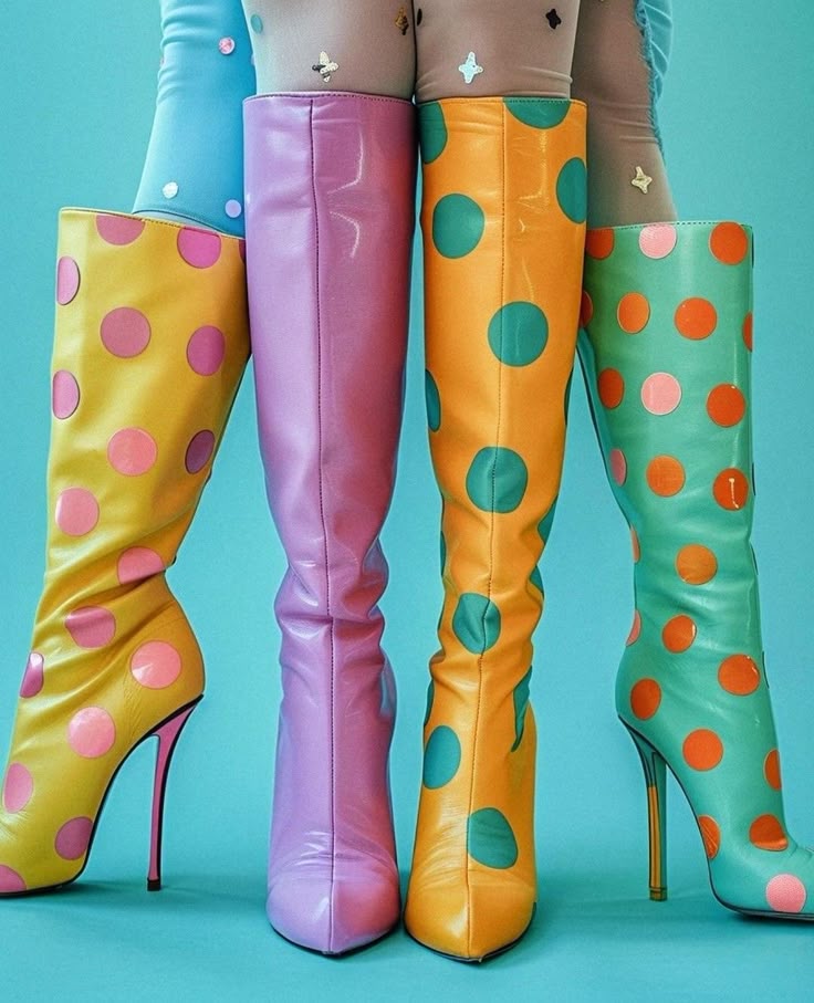 the image shows four pairs of colorful, highheeled boots. the boots are arranged in a row and feature polka dot patterns. the colors include yellow with pink polka dots, solid pink, orange with green polka dots, and green with orange polka dots. the background is a solid light blue color. the wearers of the boots are also wearing patterned tights.