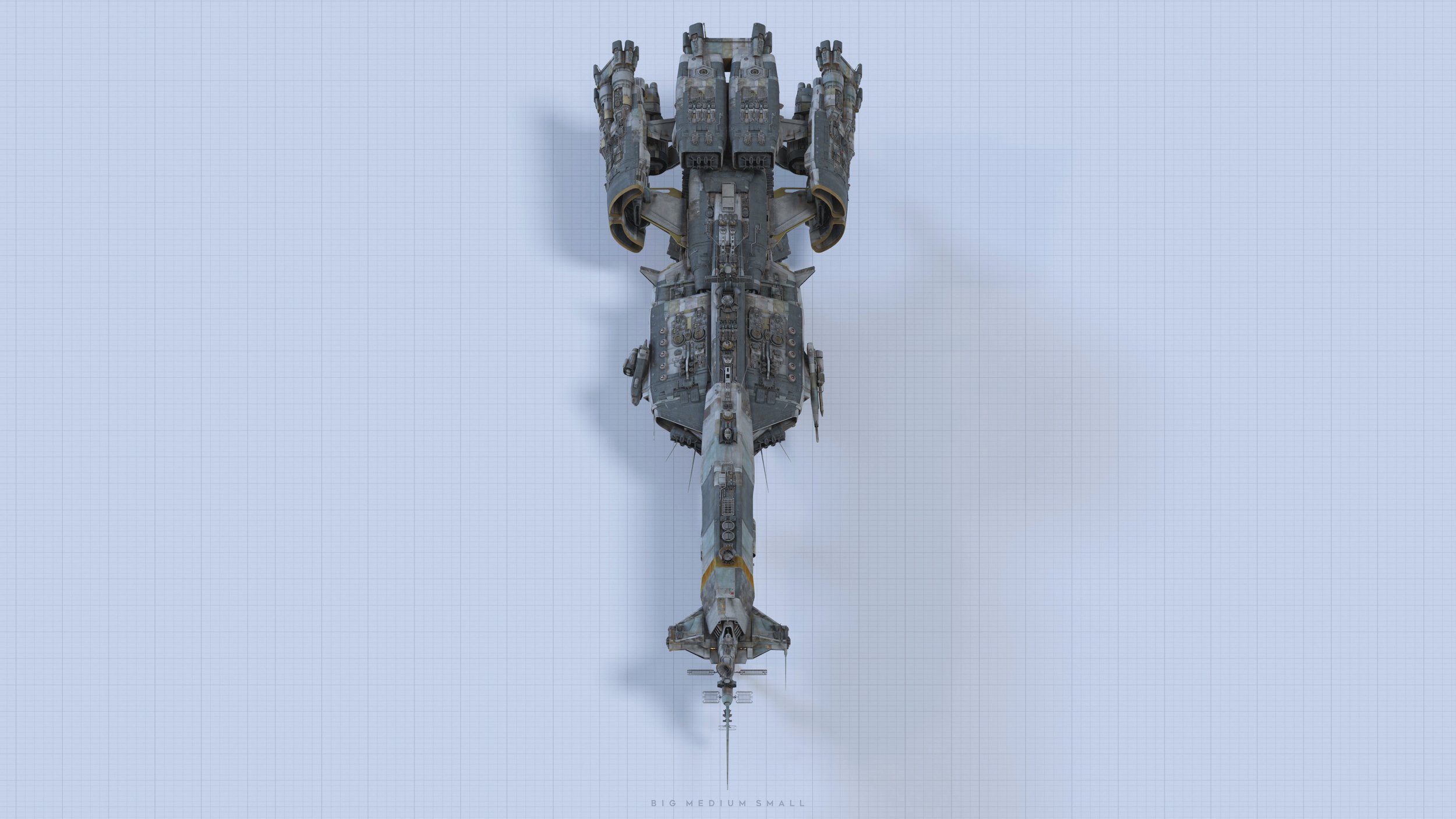 the image is a topdown, overhead view of a large, detailed spaceship rendered in 3d. the spacecraft has a complex design, with multiple engines, sections, and seemingly damaged areas, suggesting battle wear or age.  the vessel is predominantly grey and muted colors with some yellow accents. the ship is shown against a lightblue grid background, resembling a technical drawing or blueprint, suggesting a design or engineering aspect to the image. the overall style is futuristic and reminiscent of science fiction films or video games.  the bottom of the image includes a small text "big medium small", potentially indicating scale references.