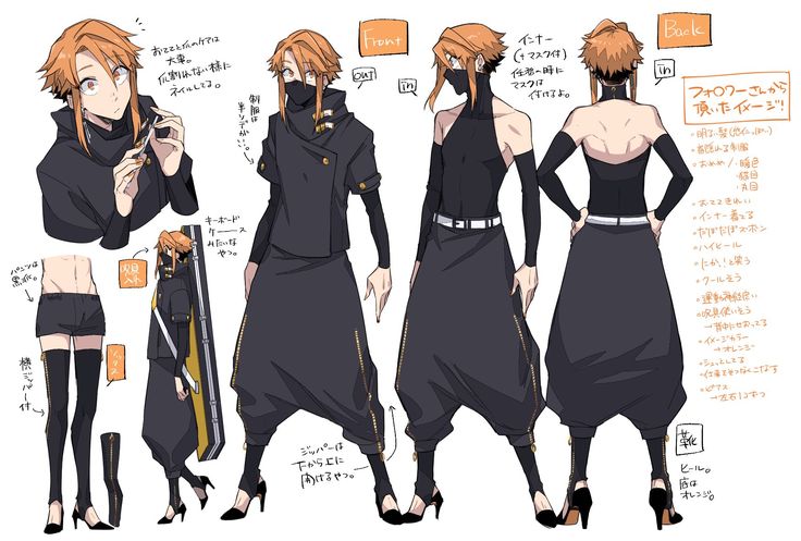 this is a character design illustration of an anime character. it includes both front and back views of the character as well as their detailed design with descriptions of their outfit, hair, and accessories. the character is wearing a black jumpsuit with a long, flowing skirt. the character is also wearing black gloves and a black mask. their hair is a vibrant orange. the character is stylish and edgy. they are wearing high heels and have a cool, futuristic look. the image is a concept art piece for an anime character.