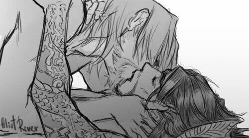 a sketch or drawing of two men kissing. one man, with a beard and longer hair, is leaning over the other, who has shorter hair. the man on top has tattoos on his arm. the signature "alliot river" is visible in the lower left corner. the image conveys intimacy and romance.