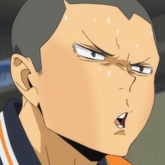 the image showcases a closeup illustration of tanaka ryuunosuke, a prominent character from the anime series haikyuu!!. his intense expression, with furrowed brows and a determined grimace, is highlighted by beads of sweat trickling down his forehead. the closeup perspective emphasizes his strong features and athletic build.