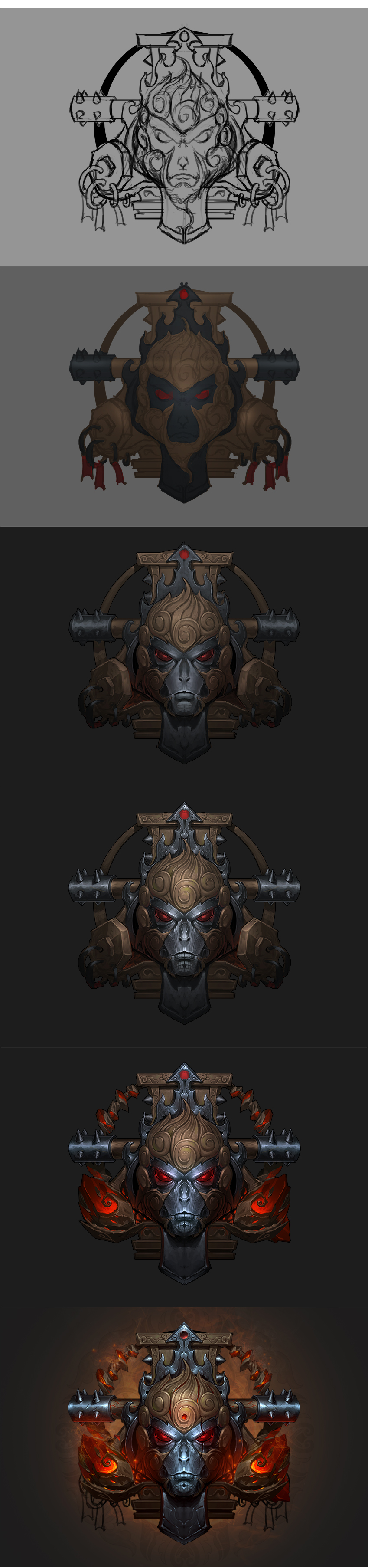 the image shows a sequence of designs that are progressively more detailed and realistic. the first design is a simple line drawing of a demon with wings, sitting on a throne. the second design adds color and shading to the line drawing. the third design adds more detail to the demon, including horns, teeth, and claws. the fourth design adds even more detail to the demon, including scales and armor. the fifth design is the most detailed and realistic of the designs, and shows the demon in a more dynamic pose with fire coming from its wings.
