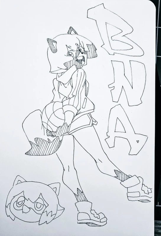 a handdrawn illustration of a raccoon girl in an anime style. she is holding a basketball and is drawn in a cute and whimsical style. the background has the letters bwa written in a graffiti style. the drawing is done in black and white with a pen.