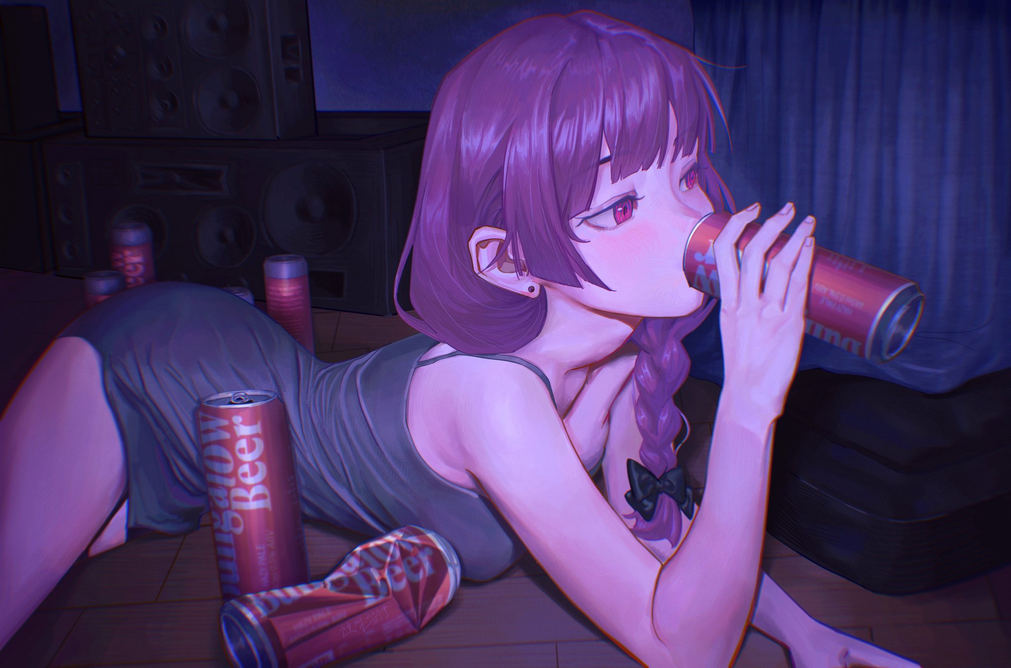 the image is a digital painting of a young animestyle woman with long purple hair styled in a braid with bangs. she's wearing a short, gray tank top and dress and is lying on a wooden floor surrounded by several empty and full cans of beer. she's drinking from one of the cans and appears slightly intoxicated, judging by her relaxed pose and blush. the background includes a dark room with a stereo system and purple lighting, contributing to a sensual and suggestive atmosphere.