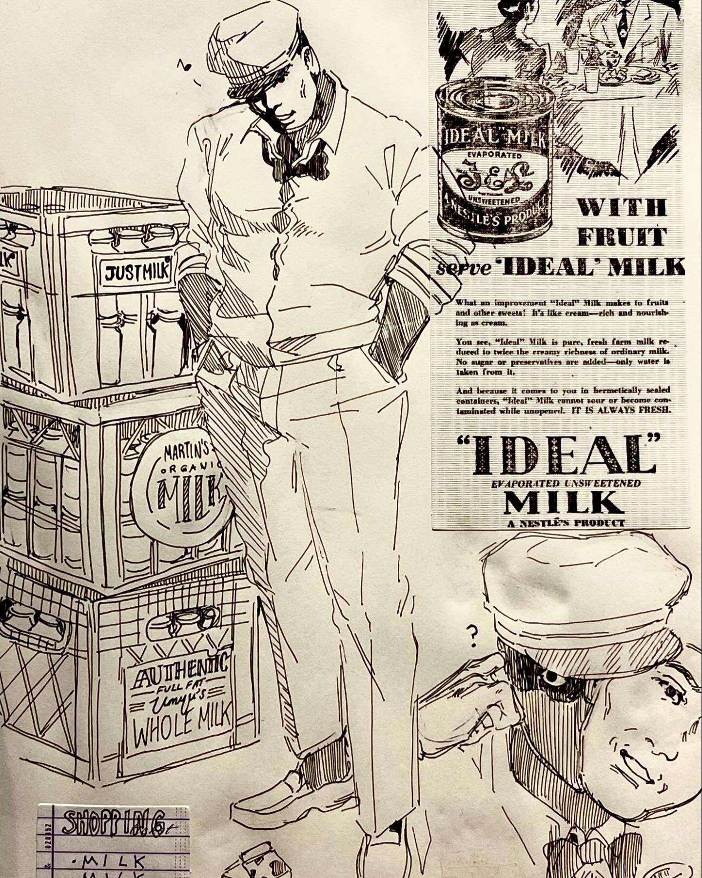 the image is a vintage advertisement for ideal evaporated milk, likely from the 1930s or 1940s. it features a black and white illustration of a milkman in uniform, standing in what appears to be a grocery store aisle. he is surrounded by crates of various milk brands, including "justmilk," "martin's organic milk," and "authentic uryu's whole milk."  he is looking thoughtfully at a can of "ideal milk" while holding his chin. the advertisement highlights the benefits of ideal milk, emphasizing its creaminess, purity, freshness, and long shelf life. it suggests serving ideal milk with fruit and positions it as a healthy and convenient alternative to regular milk. in the bottom left corner, there's a piece of paper with the word "shopping" and "milk" written on it, perhaps representing a customer's shopping list.  the second man is facing the viewer and appears to be asking a question, further emphasizing the advertisement's message. the illustration style and the presence of the milkman evoke a sense of nostalgia for a bygone era of grocery shopping and home delivery.