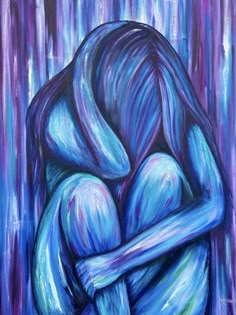 the painting depicts a woman in a melancholic state. she is hunched over, her arms wrapped tightly around herself, as if seeking solace and comfort.  the blue and purple hues of the painting create a somber and introspective atmosphere, reflecting the woman's emotional state. the abstract and gestural brushstrokes add to the painting's sense of depth and emotion. the figure is lost in contemplation, perhaps grappling with inner turmoil or grappling with life's challenges. the painting evokes a sense of vulnerability and introspection, inviting viewers to contemplate their own experiences of sadness and isolation.