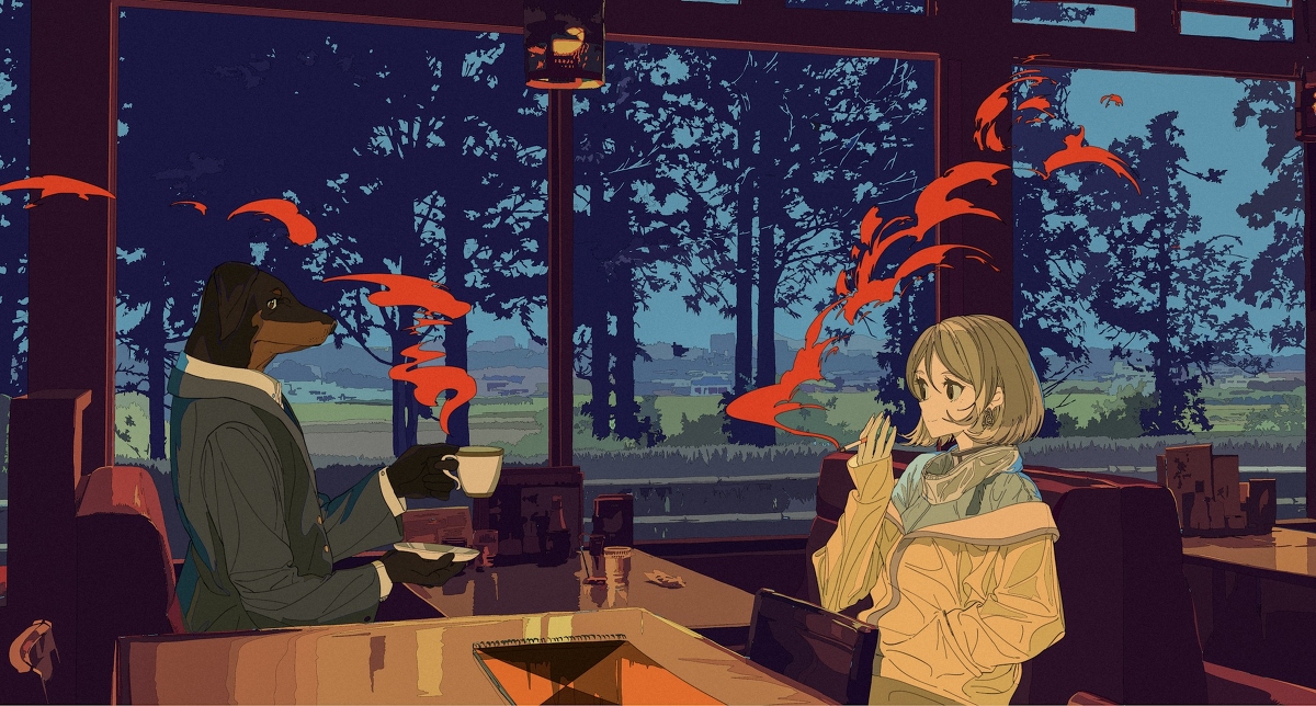 the image is a stylized digital painting or illustration featuring an anthropomorphic dachshund in a suit sitting across a table from an animestyle girl in a cafe. the cafe has large windows offering a view of a serene countryside landscape with trees. both the dog and the girl appear to be enjoying coffee; wisps of smoke are stylized and reminiscent of flames. the overall mood is calm and slightly mysterious. the art style is unique, with a blend of realism in the background and a more stylized approach to the characters and foreground.