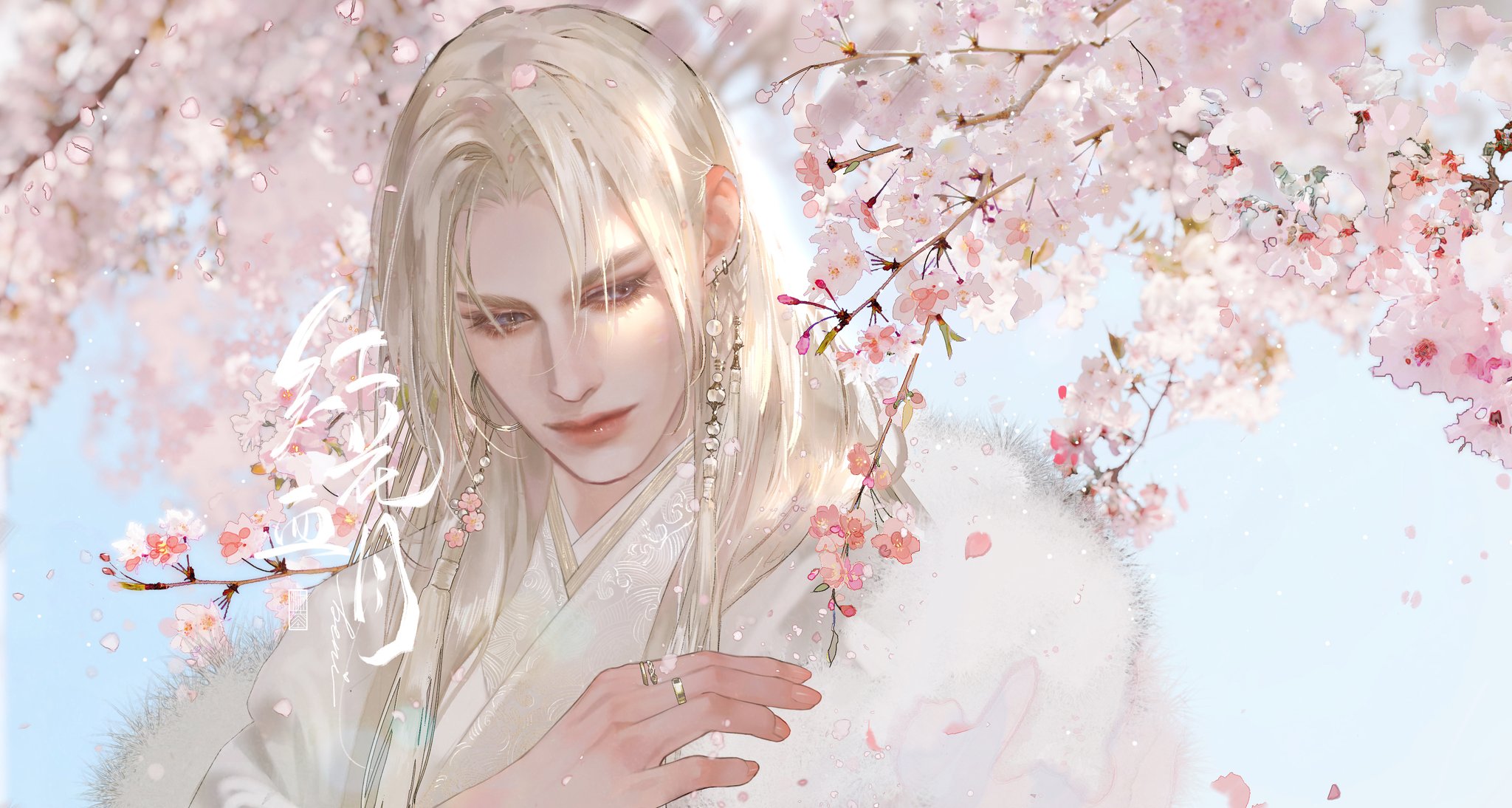 a digital art illustration of a handsome anime boy with long white hair, wearing a white kimono. he is surrounded by cherry blossoms and the image has a light, ethereal feeling.