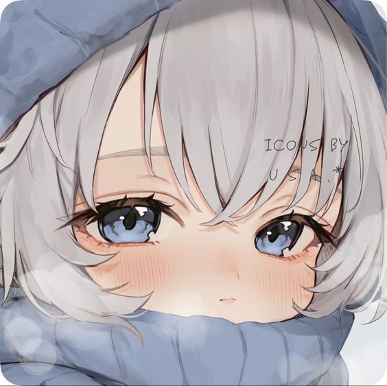 this is a digital animestyle illustration of a young girl. the girl has white hair, blue eyes, rosy cheeks, and is wearing a blue hooded winter jacket. the illustration is a headshot from a frontal perspective. the style of the illustration is soft and whimsical, created with digital art tools.