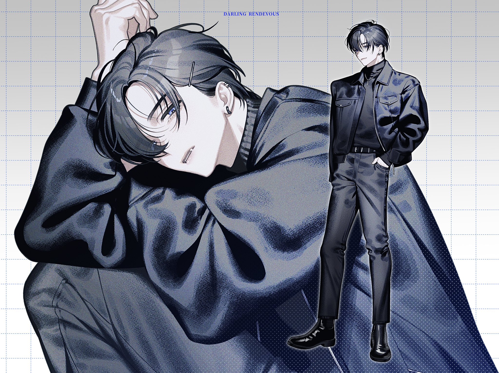 the image is a digital illustration showcasing two depictions of a stylish anime boy. one shows him in a relaxed pose, sitting with his hand in his hair; the other shows him standing in a fullbody shot, showing off his complete outfit.  both versions of the character are dressed in dark, monochrome clothing, including a black jacket, dark pants, and black boots.  the overall style of the illustration is elegant and slightly moody, with soft shading and subtle color variations. the background is a simple grey grid pattern. the title "darling rendezvous" is subtly included at the top.