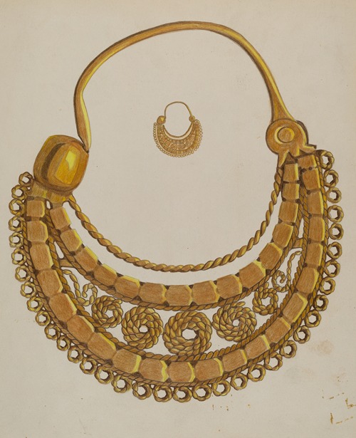 the image showcases an antique gold necklace and earring set. the necklace has a large crescent shape with intricate detailing, including twisted rope strands, textured elements, and small circular designs. it is suspended from a thick gold hoop that connects to the necklace at the top. a matching hoop earring with similar intricate designs is placed slightly above the necklace. the background is plain, allowing the focus to remain on the jewelry set.