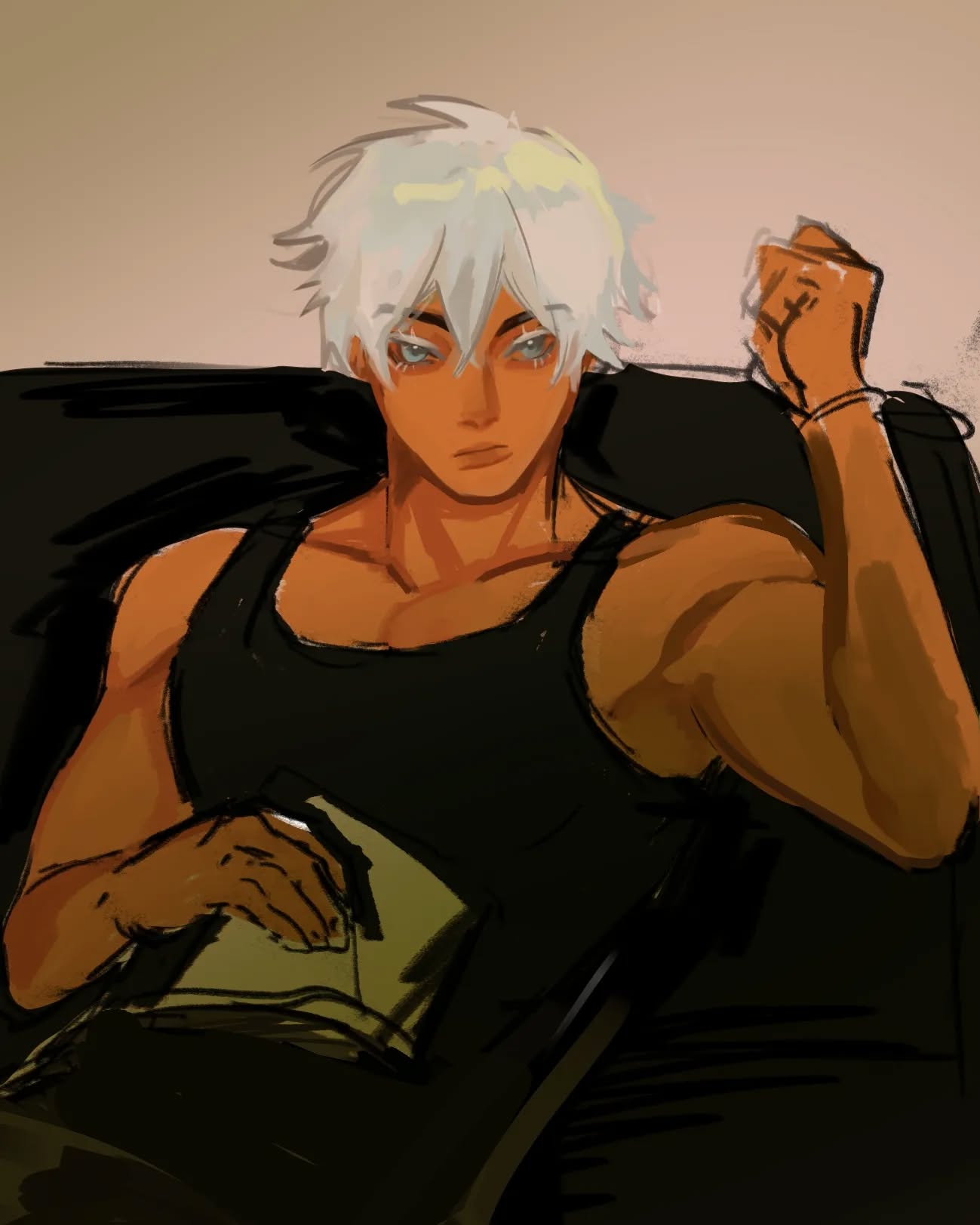 the image is a digital painting or illustration in an anime or mangainspired style. it depicts a young, muscular man with short, white hair and tan skin. he is wearing a black tank top and is relaxing in what appears to be a darkcolored chair or seat.  one arm is raised slightly, and he is holding a book, which he seems to be casually reading or holding.  the overall style is loose and painterly, with noticeable brushstrokes and shadowing that creates a moody and slightly mysterious atmosphere.  the character's expression is serious or pensive. the lighting is warm, with darker shadows adding depth and contrast.
