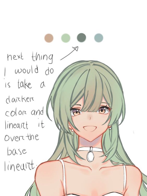 the image is a digital illustration of a young woman with long green hair. the illustration is a stepbystep tutorial on how to color line art, with a caption explaining the next step of the process. it suggests using a darker color to refine the line art over the base layer. beside the illustration, a palette of five colors is provided, presumably for the tutorial.