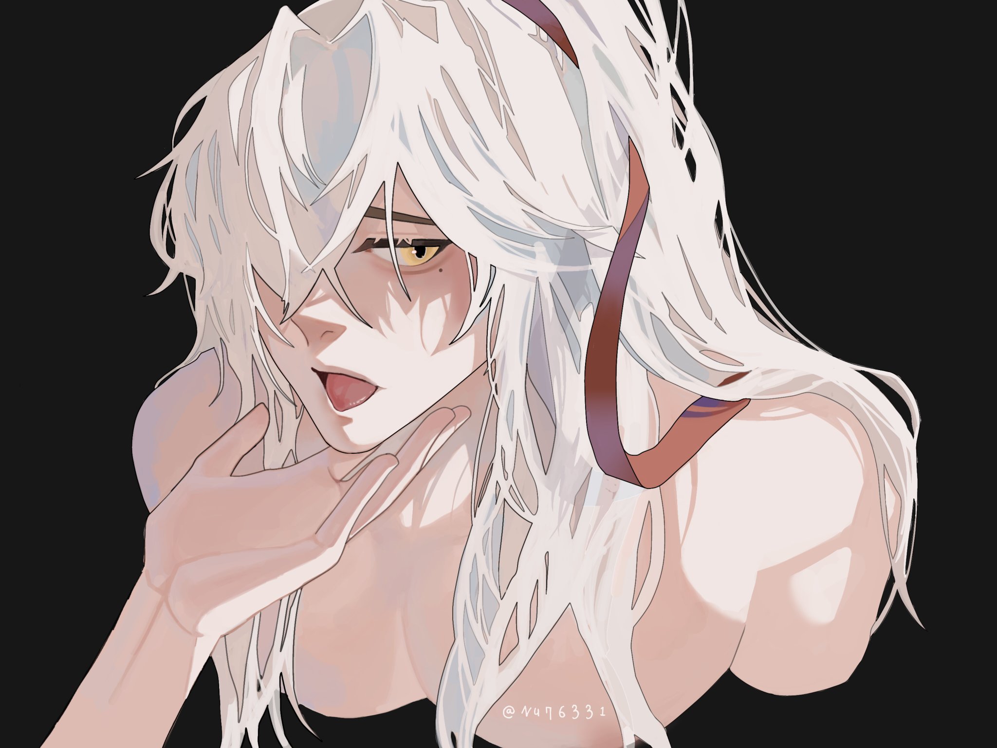 a closeup portrait of an anime girl with long white hair. she is looking down with her mouth slightly open, and her hand is resting on her chin. she has a red ribbon tied around her hair and is wearing a black top. the background is black.