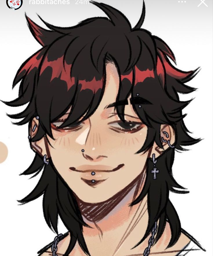 a digital illustration of a male anime character with a long, black and red hair. he is wearing a silver chain necklace and has several piercings on his face and ears. he has a soft, warm smile and looks very friendly and approachable.