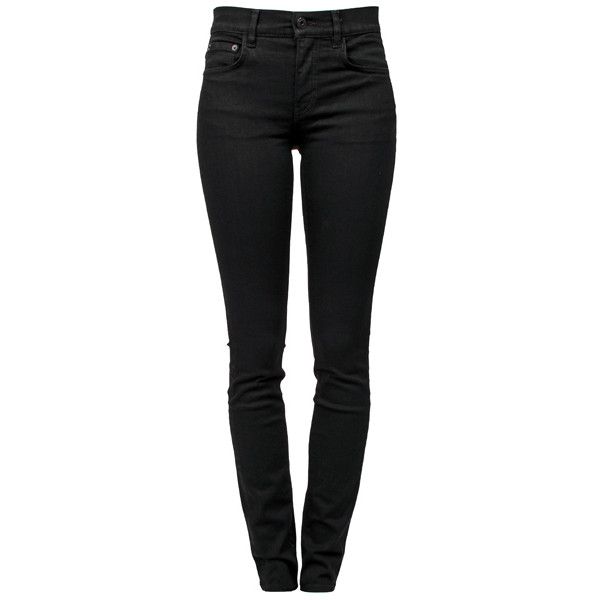 a pair of black slimfit jeans is displayed against a white background. the jeans are unadorned and presented in a straightforward manner.