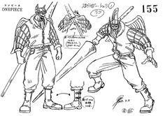 this is a black and white sketch page, likely concept art, depicting a single character.  the character has wings, is wearing a mask that obscures their face, boots, gloves, and is holding a long stafflike weapon. there are multiple angles of the character and weapon shown on the page, along with some japanese text. the number "155" is prominent, possibly indicating a page number.  the style of the drawing is consistent with the anime/manga series one piece.