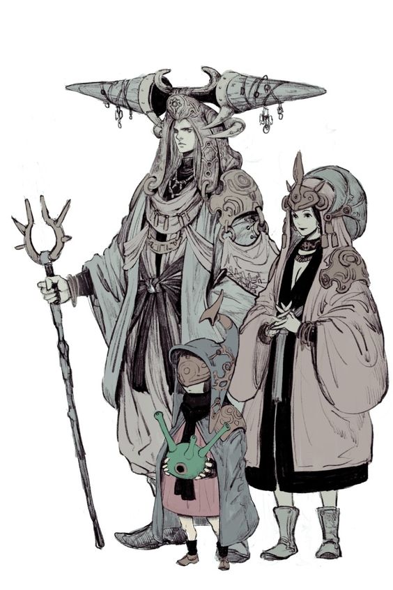 the image showcases a stylized black and white sketch of a family of three, likely designed for a fantasy setting. the figures stand against a plain white background, emphasizing the intricate details of their attire. the tallest figure, presumably the father, commands attention with his elaborate headdress, flowing robes, and a staff topped with a threepronged symbol. he stands slightly ahead, protectively framing the woman and child behind him. the woman, possibly his partner, mirrors his elegance with a similar headdress and flowing garments, her hands clasped demurely.  a smaller child stands in front, their face obscured by a hood adorned with a whimsical, froglike creature. this playful element contrasts with the overall air of mystique and grandeur surrounding the family.  the soft lighting and slight low angle perspective contribute to the overall majestic and ethereal atmosphere of the artwork.