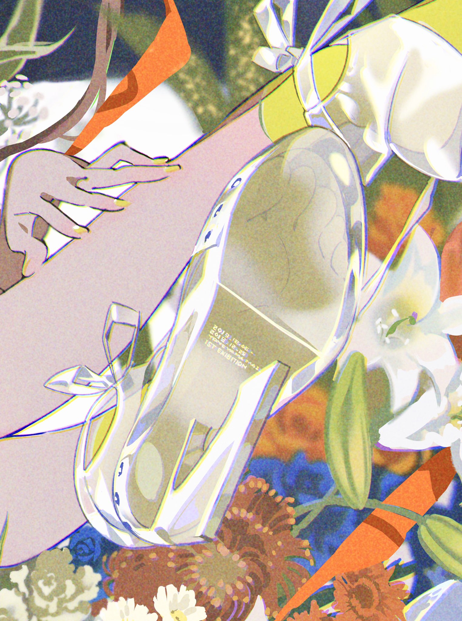 a closeup, stylized illustration focuses on a woman's legs adorned with clear, highheeled shoes with delicate ribbon ties. the shoes are the central point of the composition, surrounded by an array of vibrant, colorful flowers that suggest a celebratory or festive setting. the woman is likely seated, given the bent position of her legs. the artwork exhibits a blend of realism and artistic interpretation, using bold lines and a vivid color palette to create a sense of energy and movement. the overall impression is one of femininity, celebration, and perhaps a touch of playful indulgence.