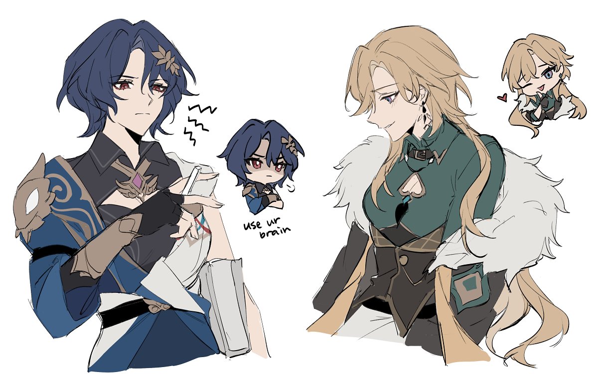 the image shows an anime drawing of two female characters from genshin impact, klee and amber. they are drawn in a chibi style. klee is on the left and amber is on the right. they are both drawn with long hair. klee has short blue hair and is wearing a blue and white outfit. amber has long blond hair and is wearing a green and white outfit. klee is looking at amber with an annoyed expression, and amber is smiling and looking at klee.  the text "use ur brain" is drawn next to klee.  klee has a chibi version of herself floating next to her, and amber has a chibi version of herself floating next to her. both chibi versions are looking at the other's main character. there is a heart drawn next to the chibi amber.