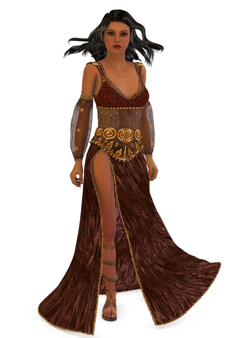 a digital art image features a woman with fair skin and dark brunette hair, styled in waves, standing against a black background. she wears a fantasyinspired brown dress with a high slit. the gown is trimmed with gold and has a decorative gold belt around the waist, adorned with spiral designs. her sleeves are sheer and patterned. she's also wearing gold strappy sandals. her makeup includes red lipstick, enhancing her face. the overall style of the image suggests a medieval or renaissanceera aesthetic, with elements of fantasy.