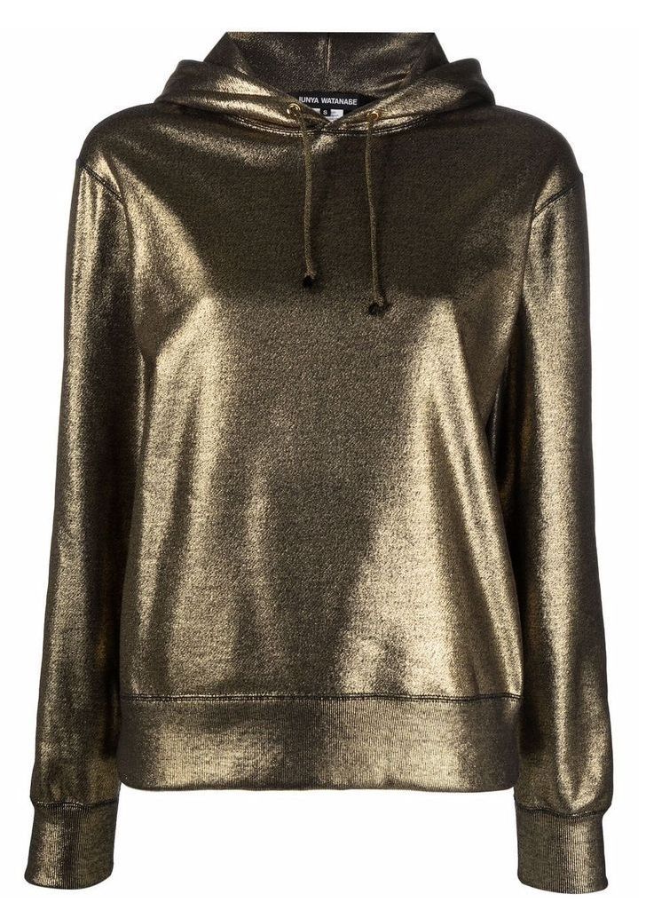 a shiny gold hoodie with long sleeves and a drawstring hood is displayed against a white background. the hoodie appears to be made of a metalliclooking fabric.