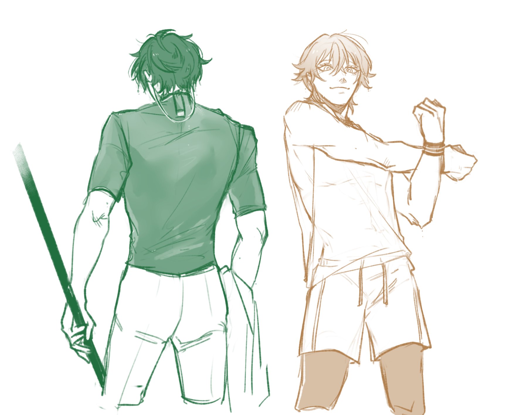 this is a sketch of two anime men in a relaxed, casual pose. the one on the left is holding a long stick in his left hand and is looking away from the viewer. he is wearing a green shirt and pants. the one on the right is stretching his left arm and is looking at the viewer. he is wearing a white shirt and shorts. the sketch is done in simple lines and outlines. the colors are muted and natural.