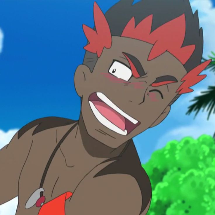 this image is from a cartoon anime. the character is a male, wearing a red necklace. his hair is red with a darker shade of red in the middle. he is winking at the viewer with a large toothy smile.  his skin is black and he looks happy and excited. the character is wearing a red swimming suit. the background shows green vegetation suggesting that he is at a beach or tropical island.