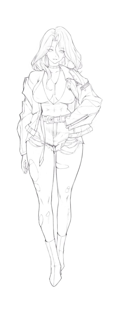 a full body sketch of a woman. she is wearing a jacket, denim shorts, and ankle boots.