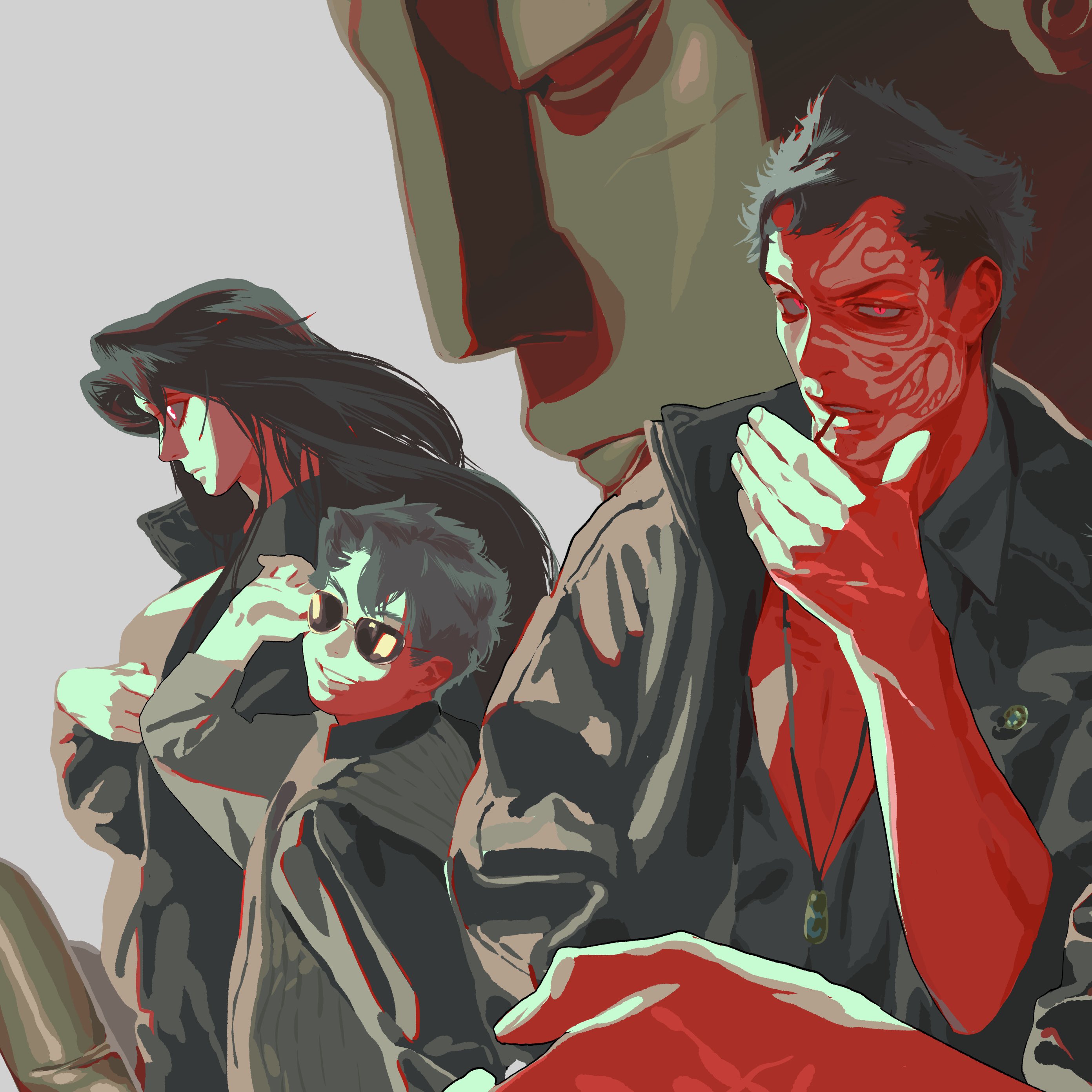 the image is an illustration featuring characters from the anime series black lagoon. there are four main figures: revy, rock, mr. chang, and another unnamed character. revy stands on the left with long black hair and a coat. rock is in front of her with sunglasses. mr. chang is on the right, smoking a cigarette, with a scar on his face. a larger, unnamed character is behind them.