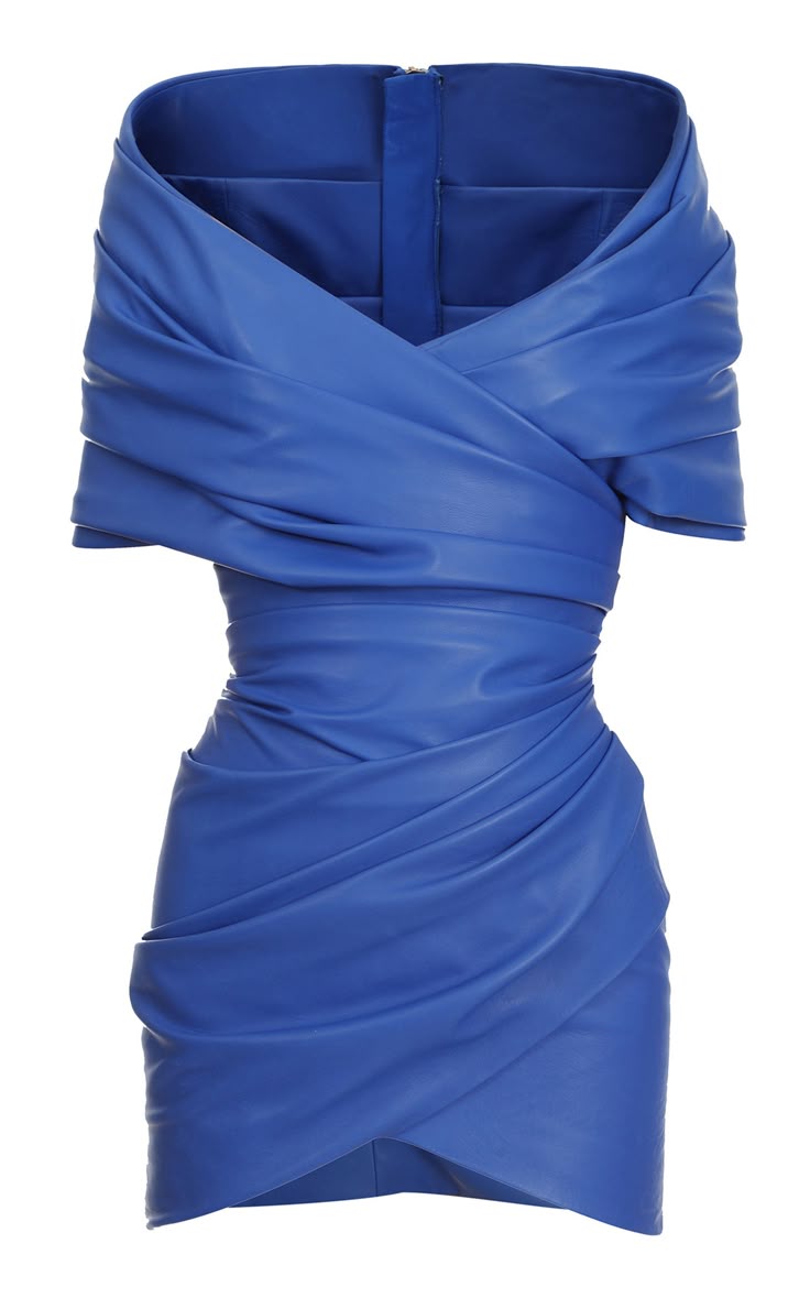 a short blue dress with a draped, offtheshoulder neckline and a fitted skirt. the dress appears to be made of faux leather.