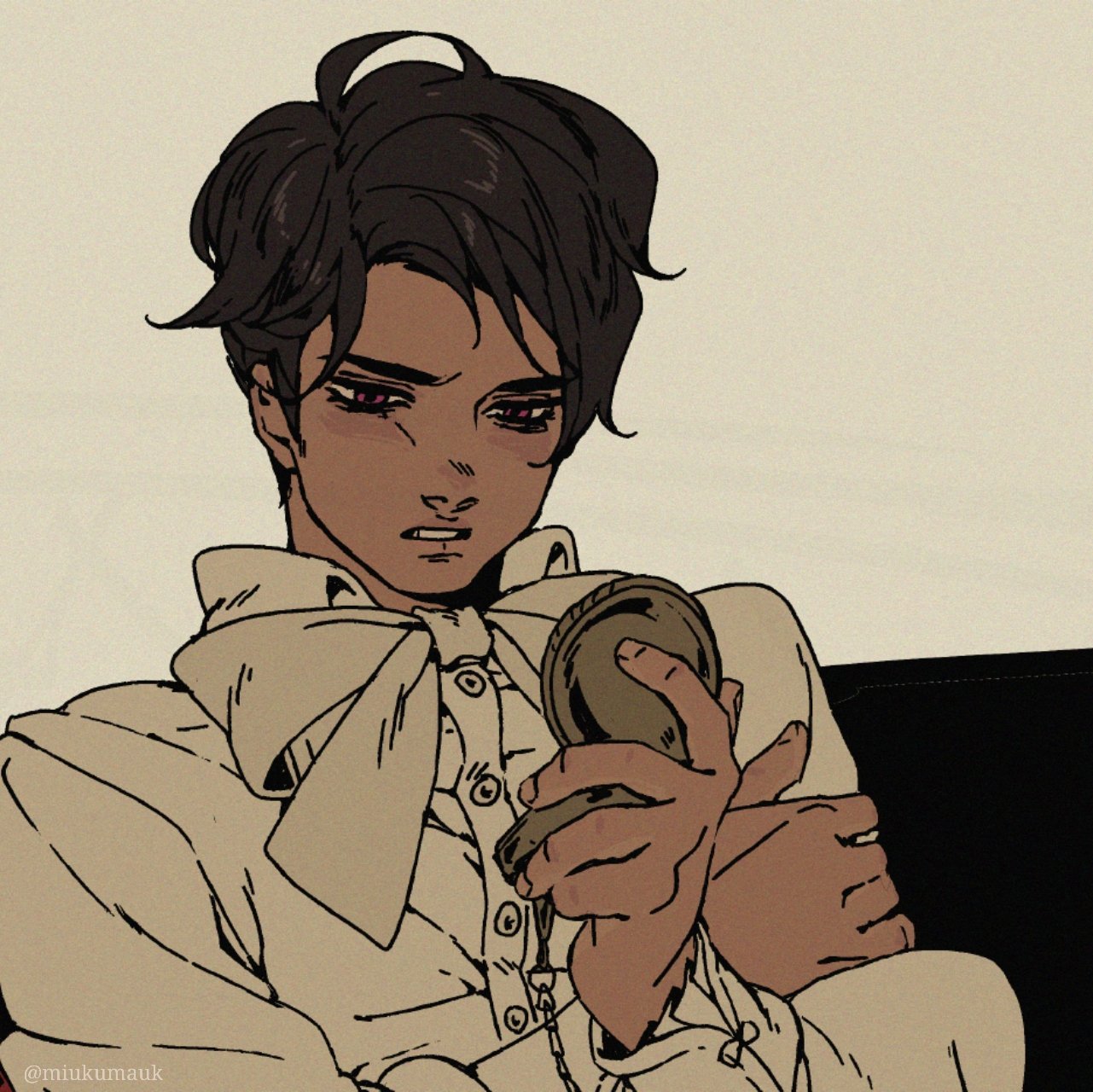 a line art digital illustration of a man with dark skin, brown hair and eyes, and wearing a white shirt with a large bow tie. he is sitting down and looking down at an object he's holding in his hands. he is on a black background. his expression is serious.  this is a stylized artwork that uses a simple color palette and bold outlines.
