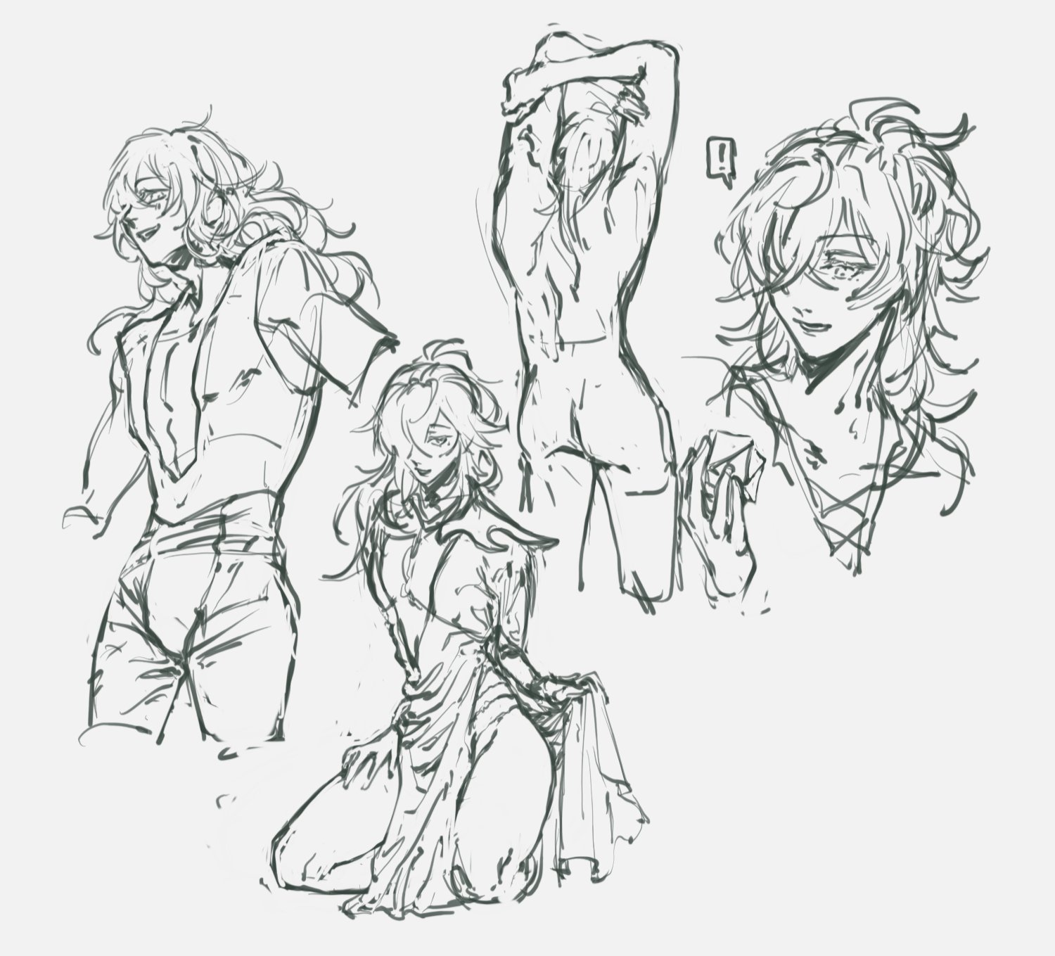 this is a sketch of a character from an anime or manga. it's a male character with long hair and stylish clothing.  there are three different sketches of the character in various poses. one is standing with hands on hips, another is sitting with knees bent, and another is reaching overhead.  all three sketches are done in black and white with bold lines and shading. the character has a cool and fashionable look.