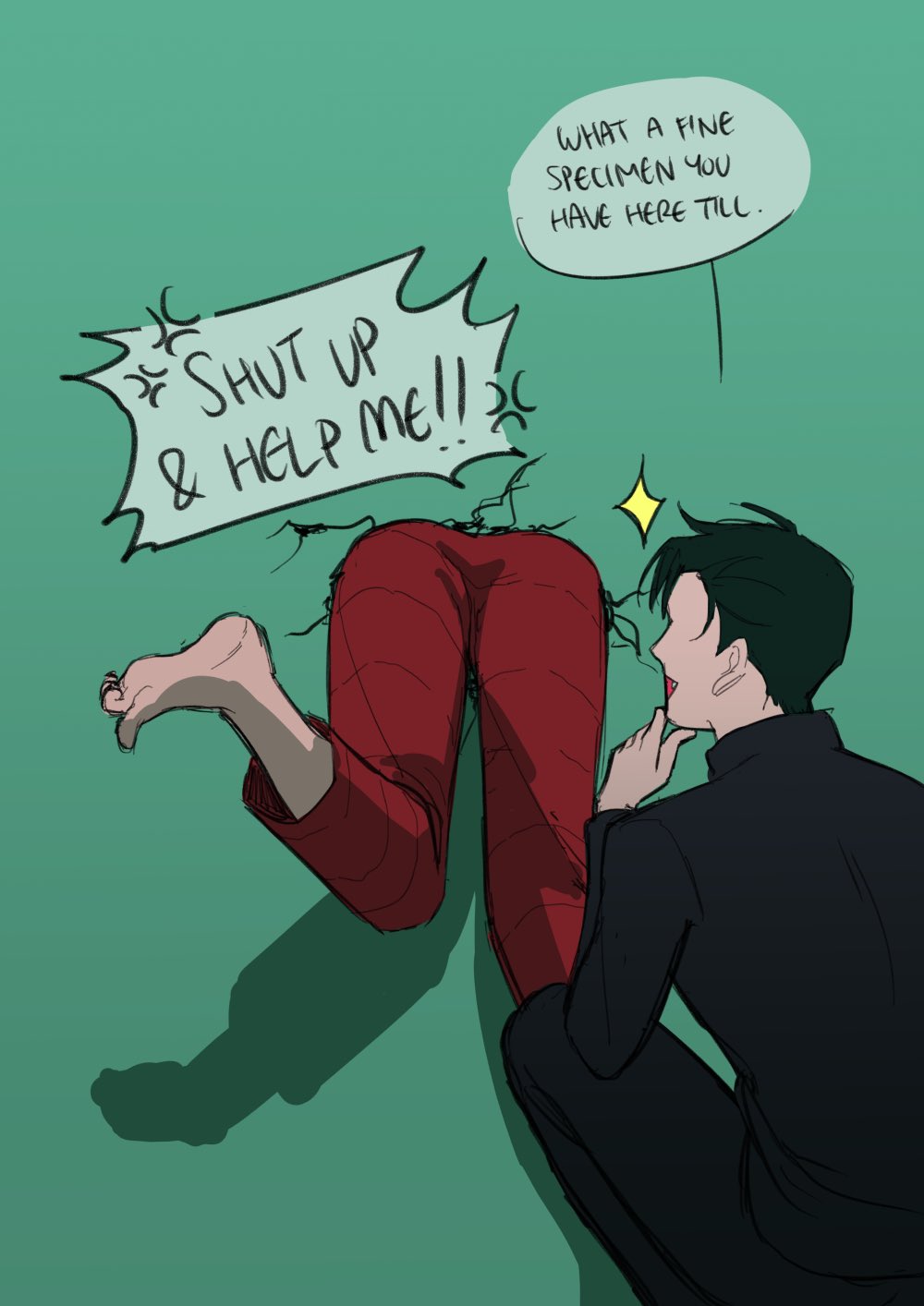 a man is stuck in the wall and his friend is trying to help him. the man is wearing red pants and his friend is wearing a black jacket. they are both very shocked.