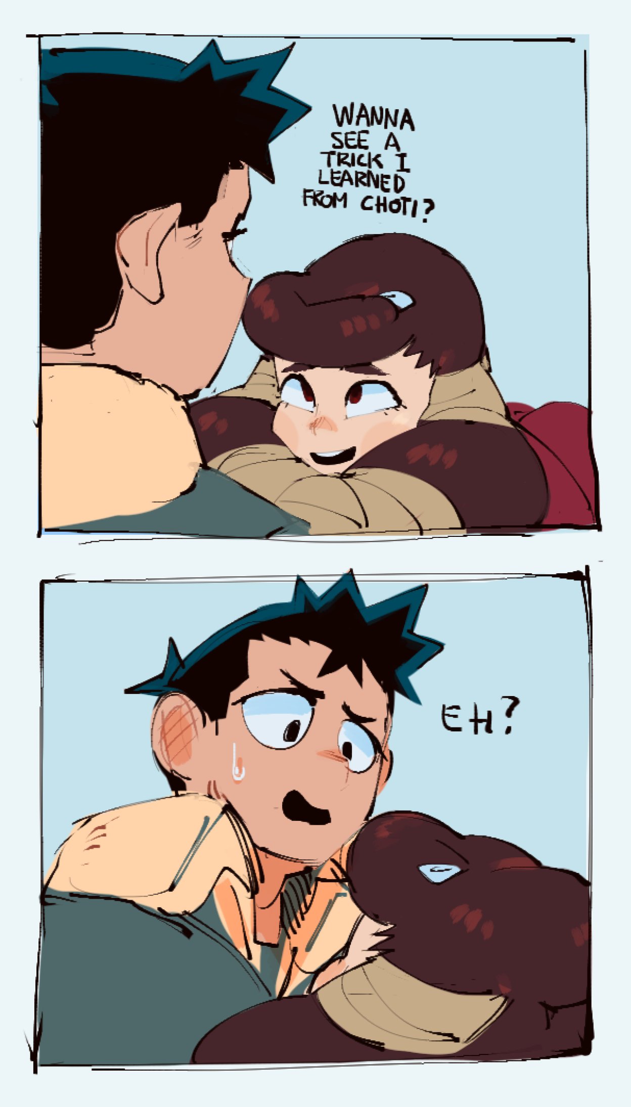 this comic features two panels. the first panel shows a male and female character, the male character has a surprised expression on his face and the female character has a happy expression on her face. the male character says, "wanna see a trick i learned from choti?". the second panel shows the male character with a surprised expression on his face and a snake with a flat expression on its face. the male character says, "eh?".  the background is a light blue color.