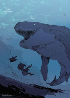 a large, fearsome monster with sharp teeth looms in the deep sea. a diver and another figure are nearby, appearing to be in danger. the scene evokes a sense of fear and the dark, mysterious abyss of the ocean.