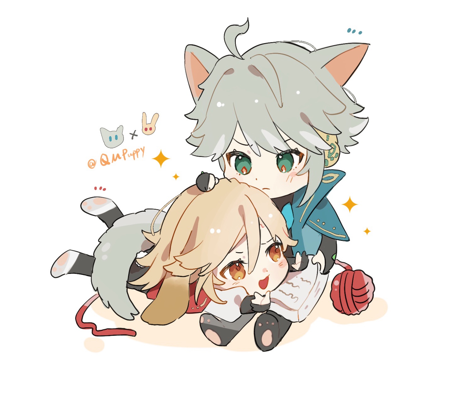 this is an illustration of two anime characters, both in chibi style. the character on top is a boy with gray hair and cat ears, wearing blue and green clothes, holding a book, and looking down at the character beneath him. the character on the bottom is a girl with blonde hair, wearing a red sweater with a brown trim, and looking up at the boy, smiling. she has a ball of yarn next to her. the illustration is drawn in a cute and whimsical style with a lot of sparkles and hearts.